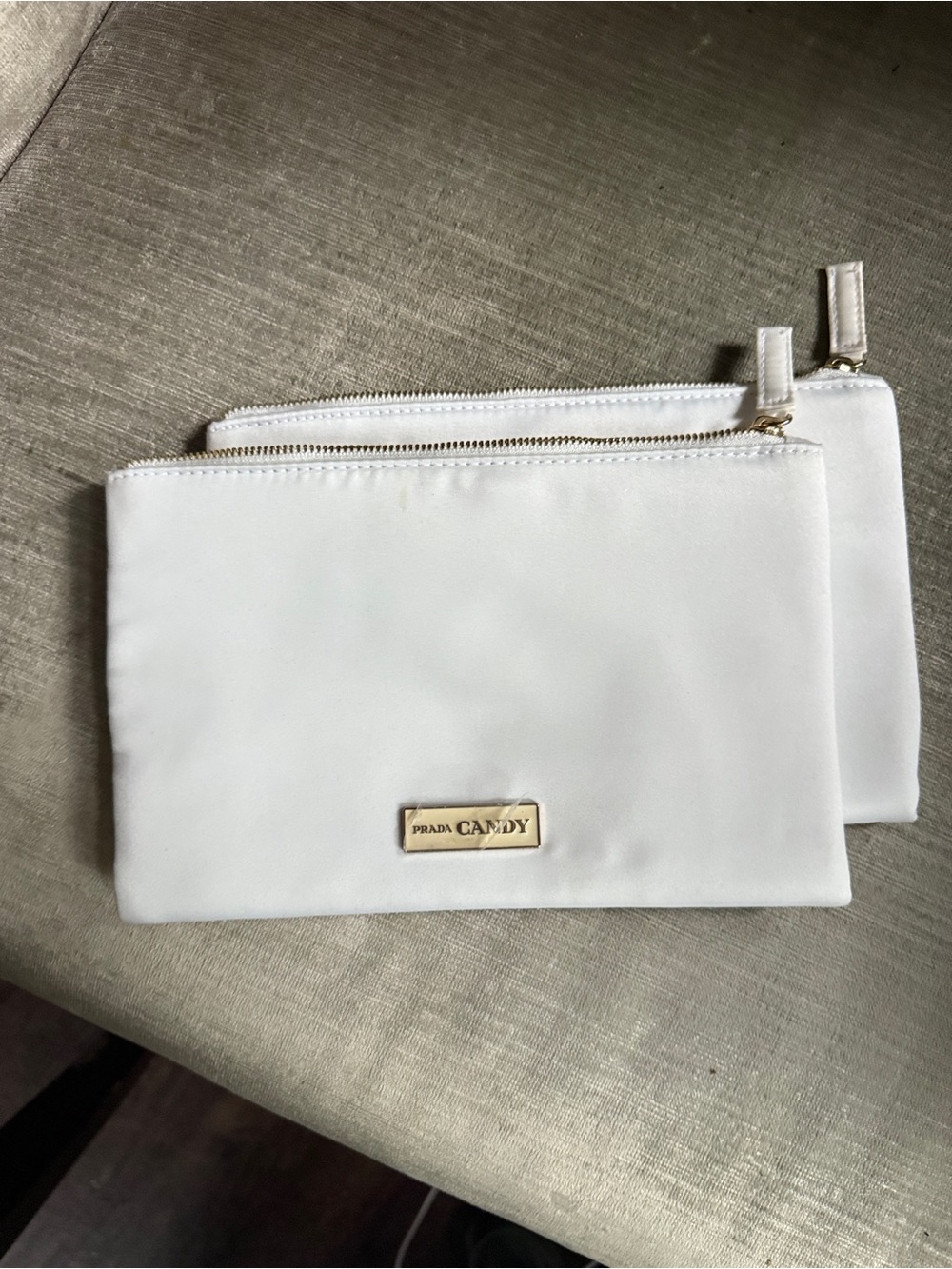 Prada Candy White Double Envelope Zip Pouch Set Clutch Satin Makeup Bag Travel
